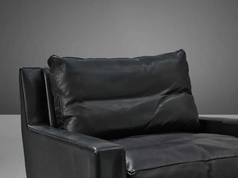 Pair of Swivel Lounge Chairs in Black Leather and Metal
