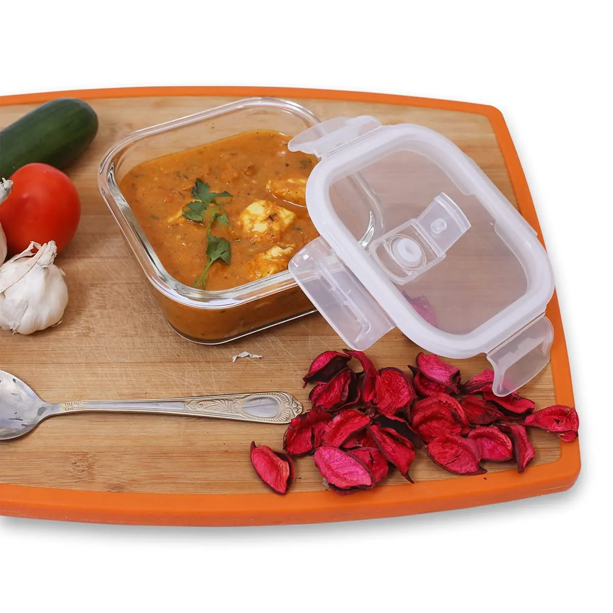 PUREFIT Classic Microwave Safe School/Office Tiffin/Lunch Box Square Container with Lid 320ml Set of 2 (Transparent Glass with Blue Bag)