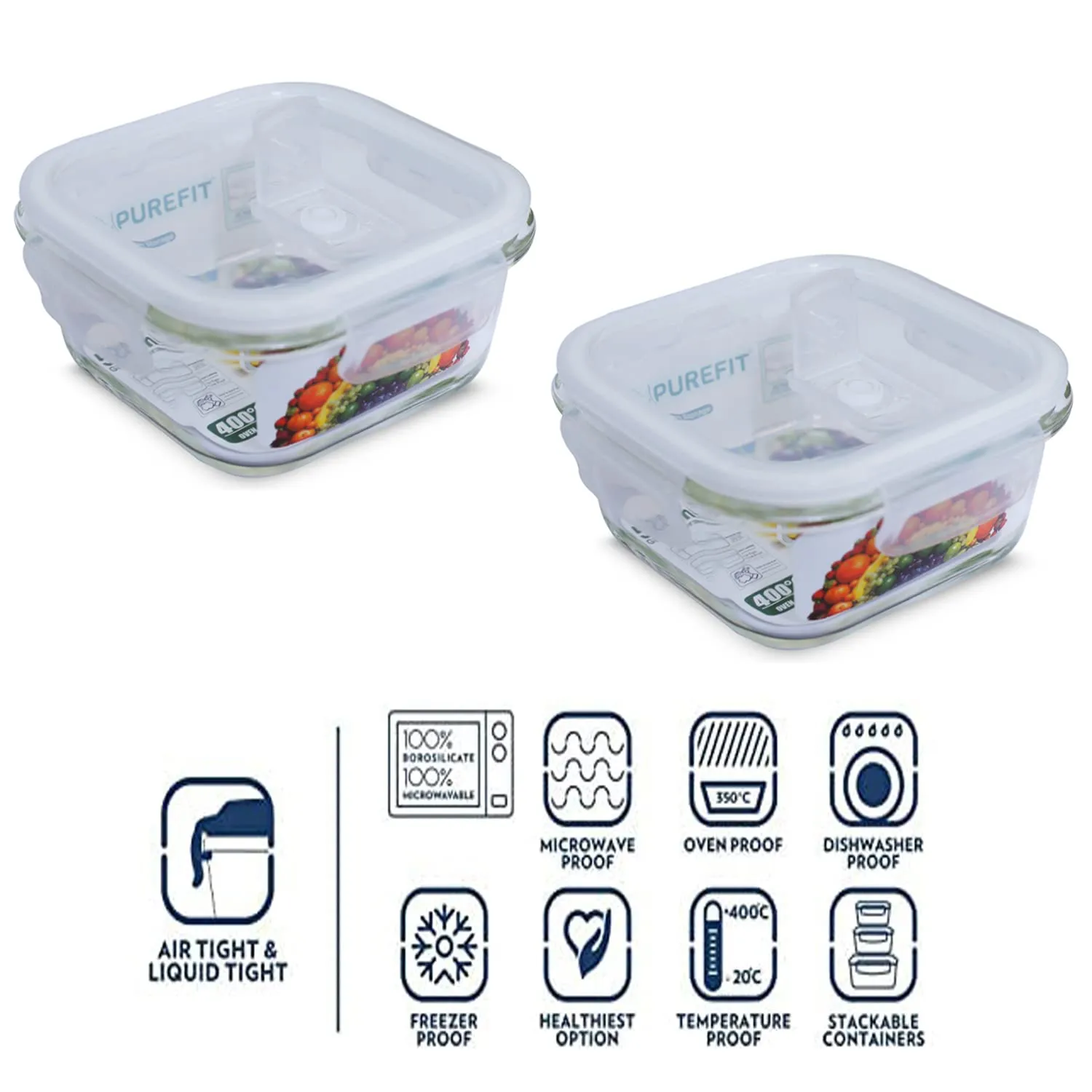 PUREFIT Classic Microwave Safe School/Office Tiffin/Lunch Box Square Container with Lid 320ml Set of 2 (Transparent Glass with Blue Bag)