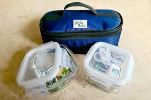 PUREFIT Classic Microwave Safe School/Office Tiffin/Lunch Box Square Container with Lid 320ml Set of 2 (Transparent Glass with Blue Bag)