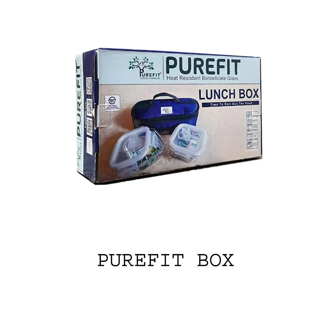 PUREFIT Classic Microwave Safe School/Office Tiffin/Lunch Box Square Container with Lid 320ml Set of 2 (Transparent Glass with Blue Bag)