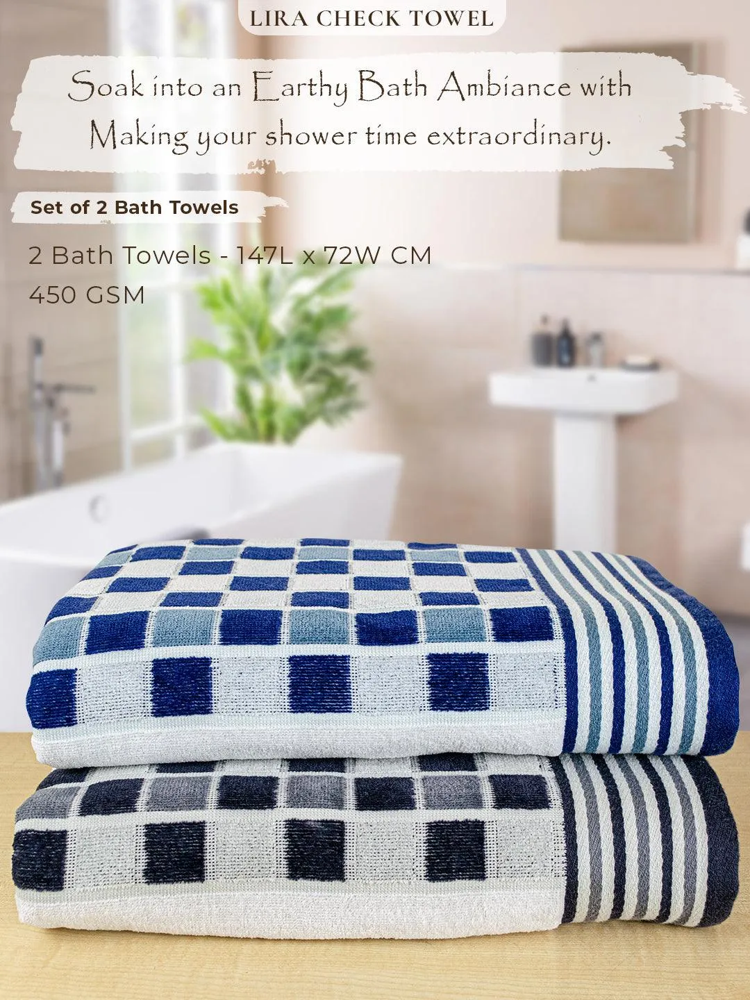 Rangoli Lira Check 100% Cotton Bath Towel set of 2, 450 GSM (147L X 72W)