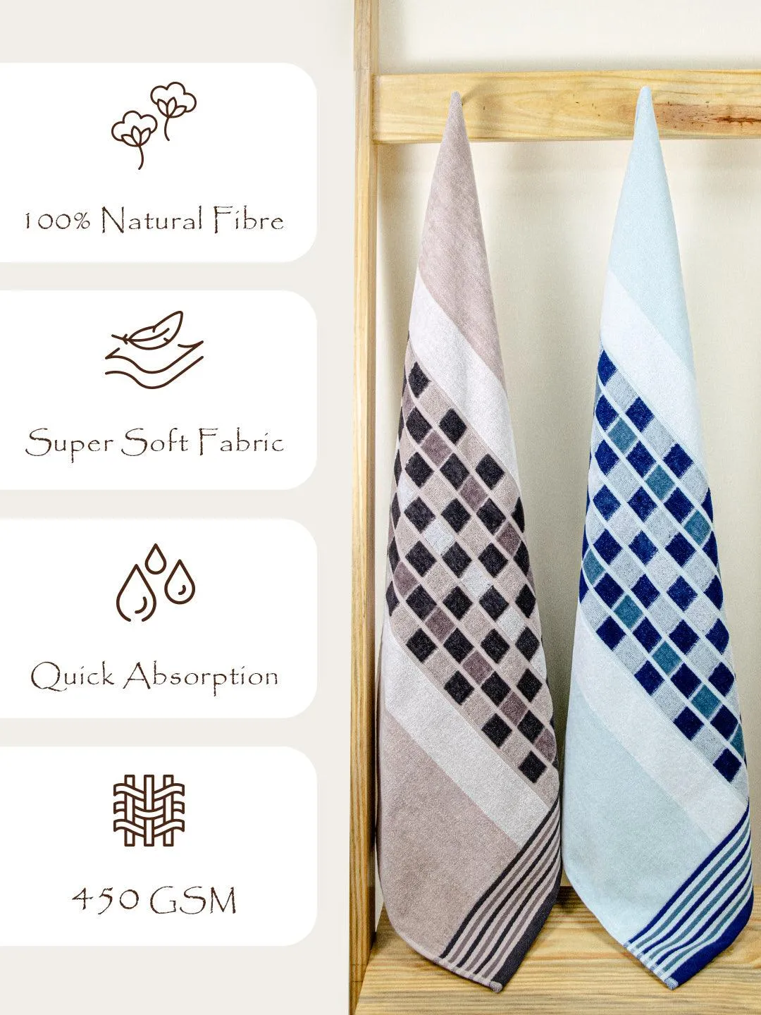 Rangoli Lira Check 100% Cotton Bath Towel set of 2, 450 GSM (147L X 72W)