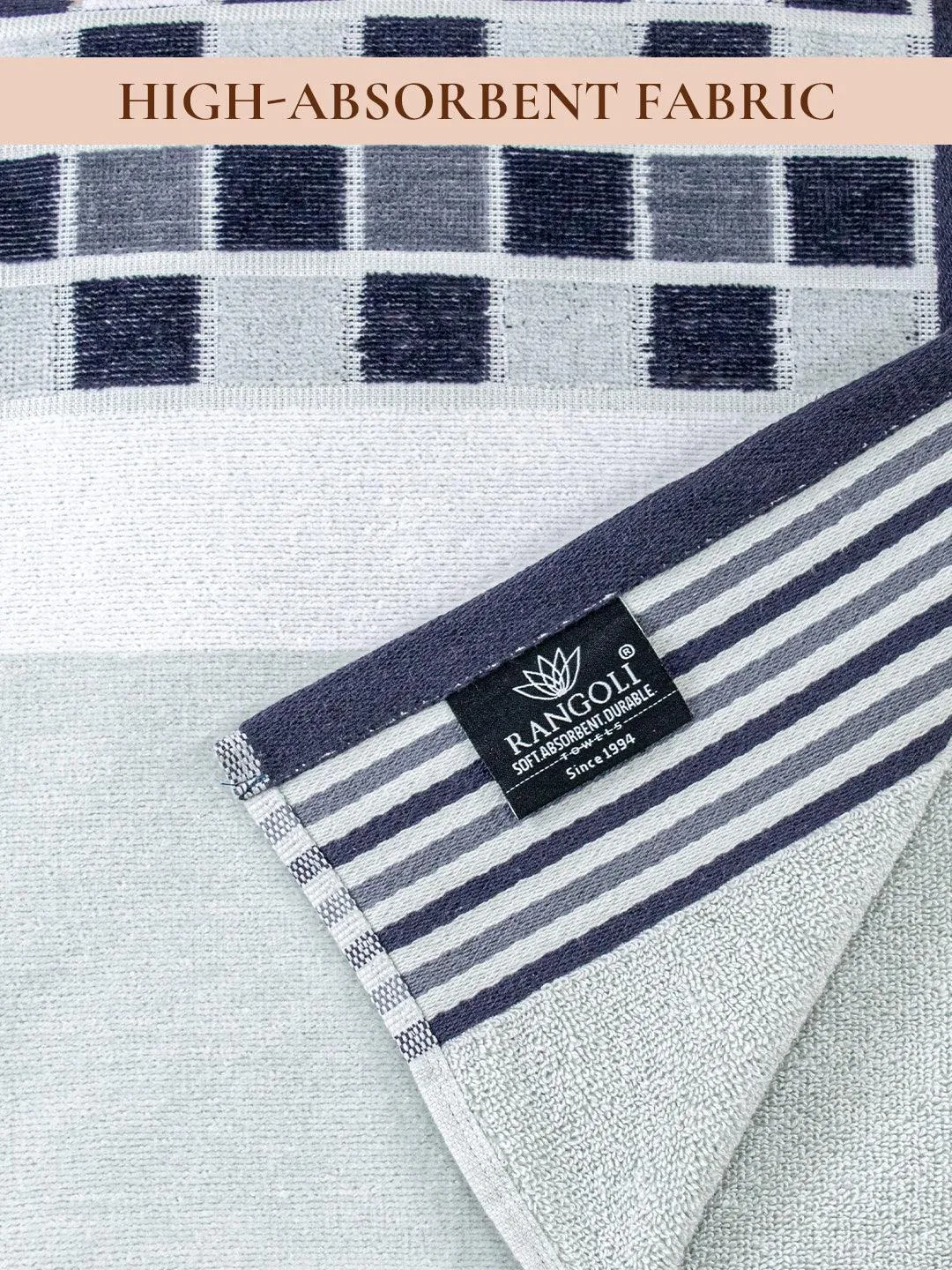 Rangoli Lira Check 100% Cotton Bath Towel set of 2, 450 GSM (147L X 72W)