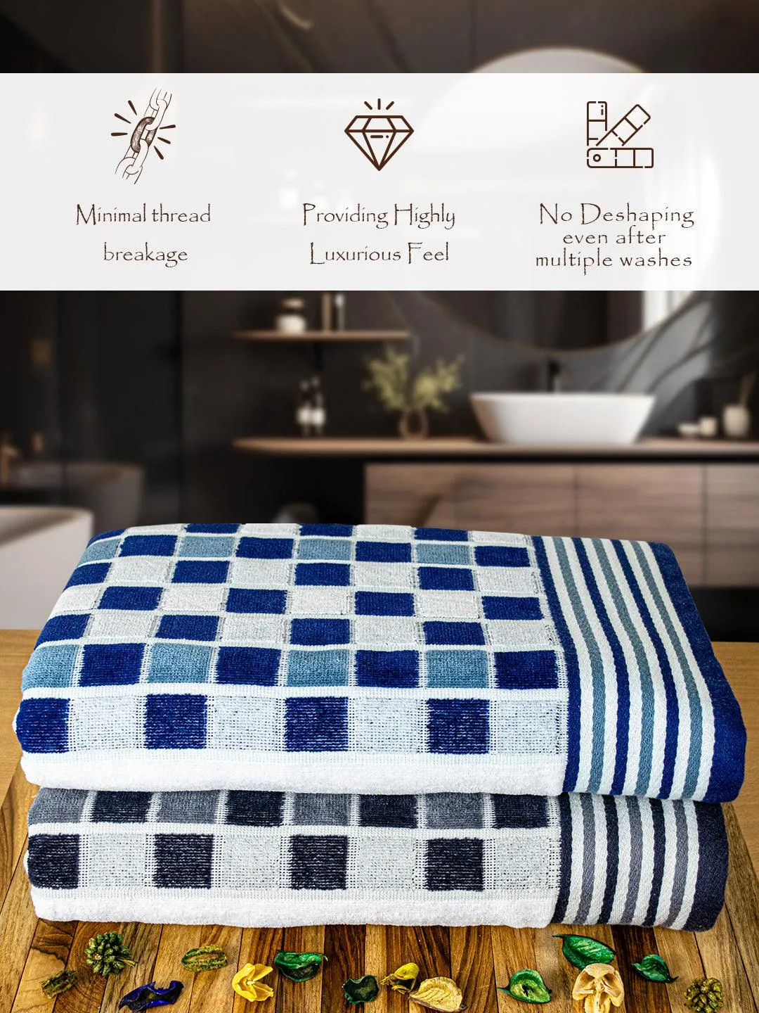 Rangoli Lira Check 100% Cotton Bath Towel set of 2, 450 GSM (147L X 72W)