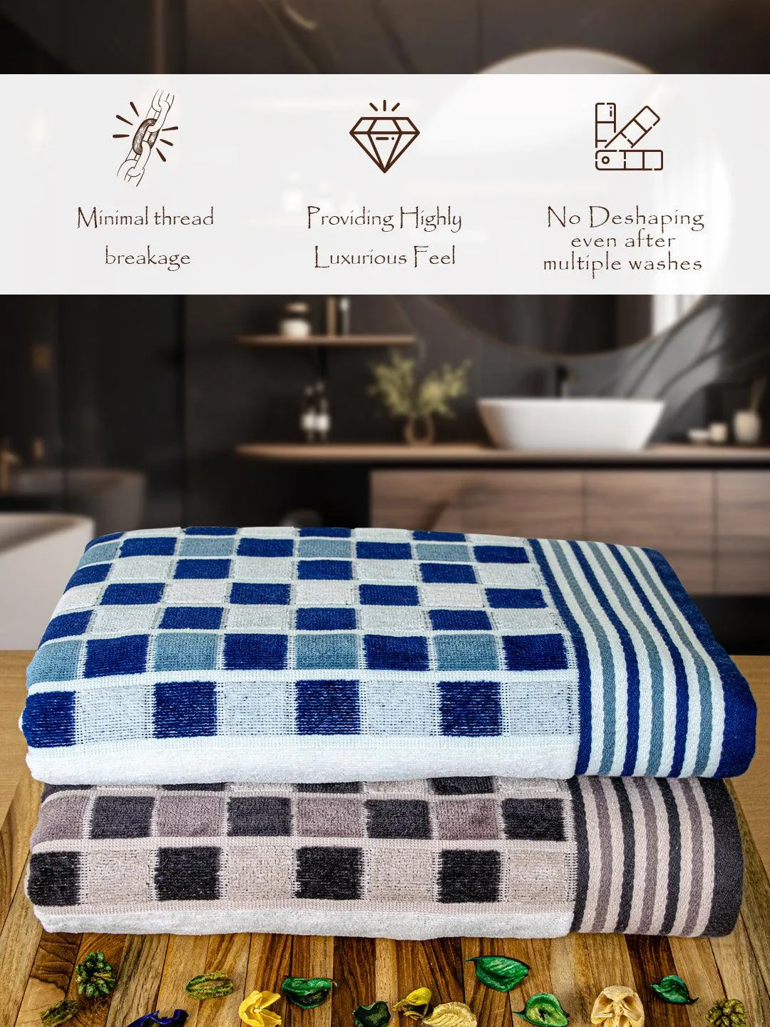 Rangoli Lira Check 100% Cotton Bath Towel set of 2, 450 GSM (147L X 72W)