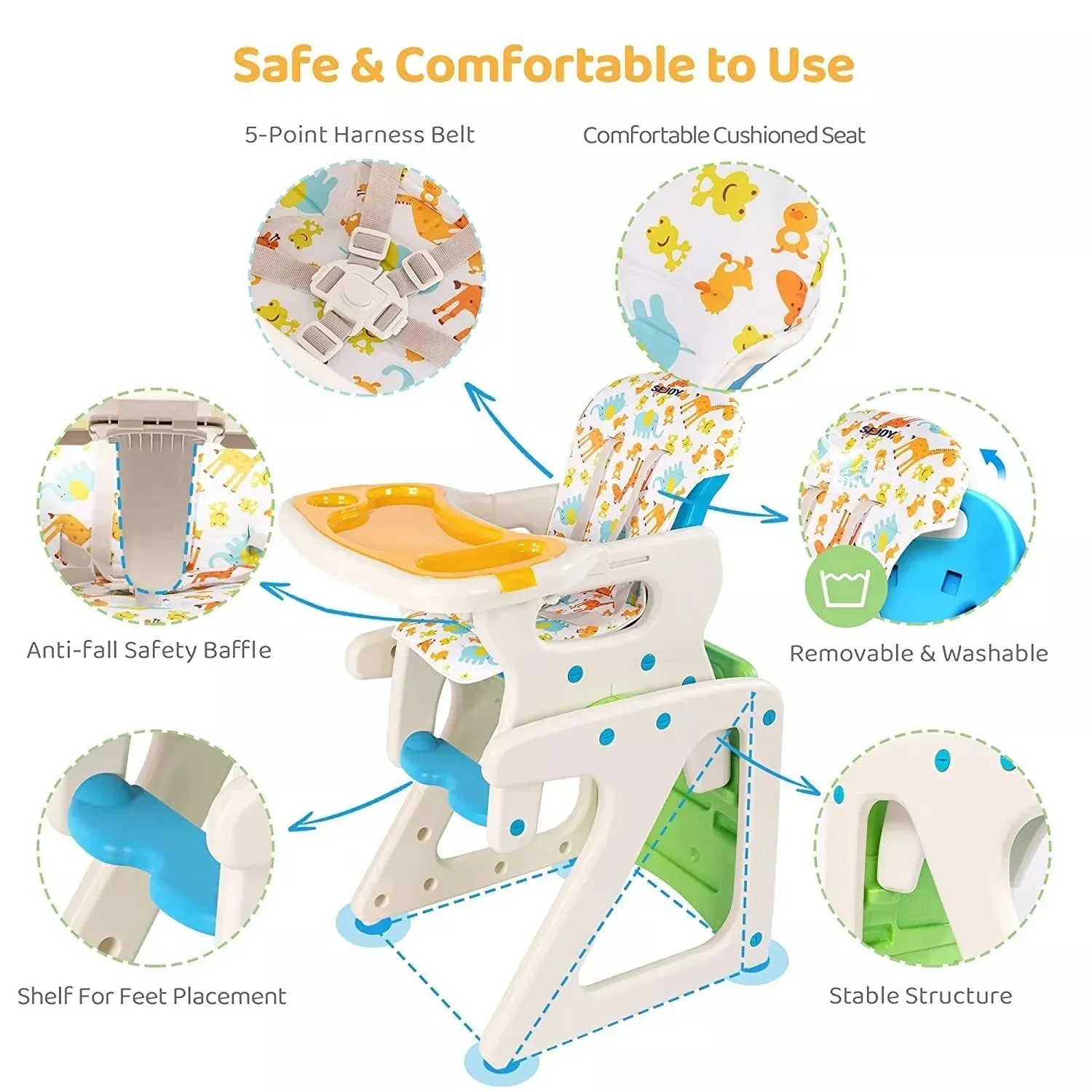 SEJOY High Chairs For Babies Toddlers 3-in-1 Baby High Chair Adjustable Backrest Infant Baby Feeding Chair For Eating