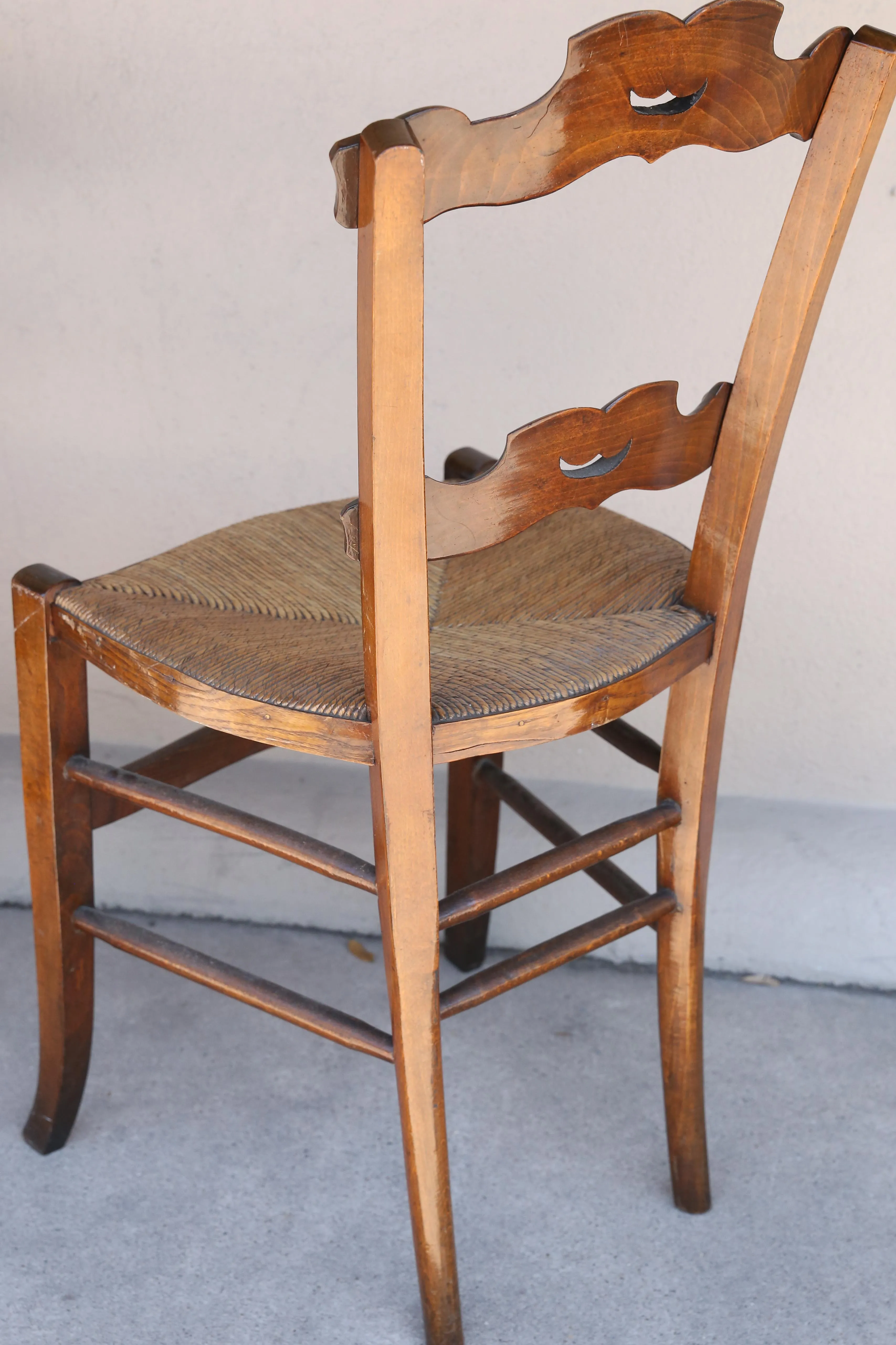 Set of Six 19th c French Oak Ornate Dining Chairs with Rush Seats