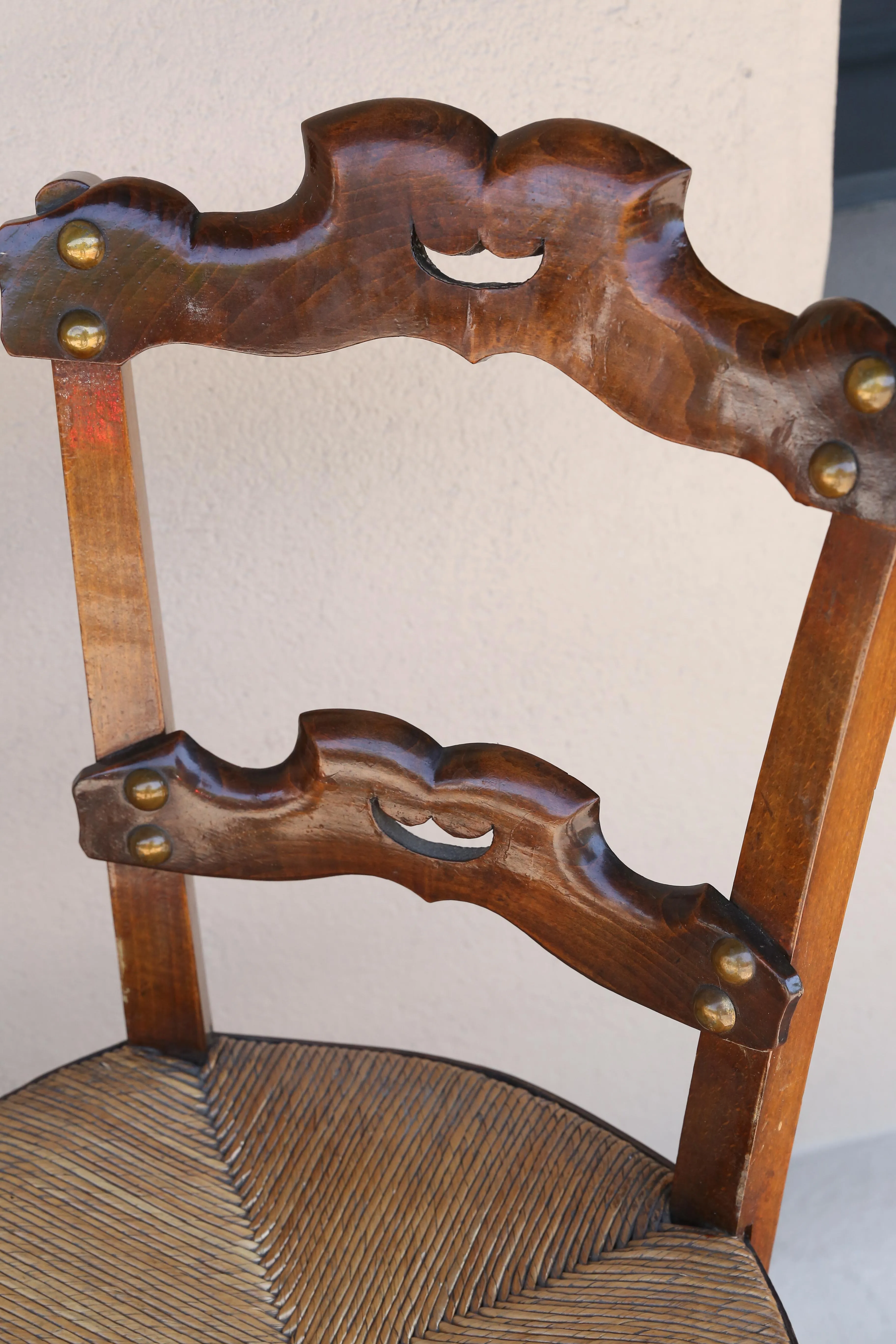 Set of Six 19th c French Oak Ornate Dining Chairs with Rush Seats