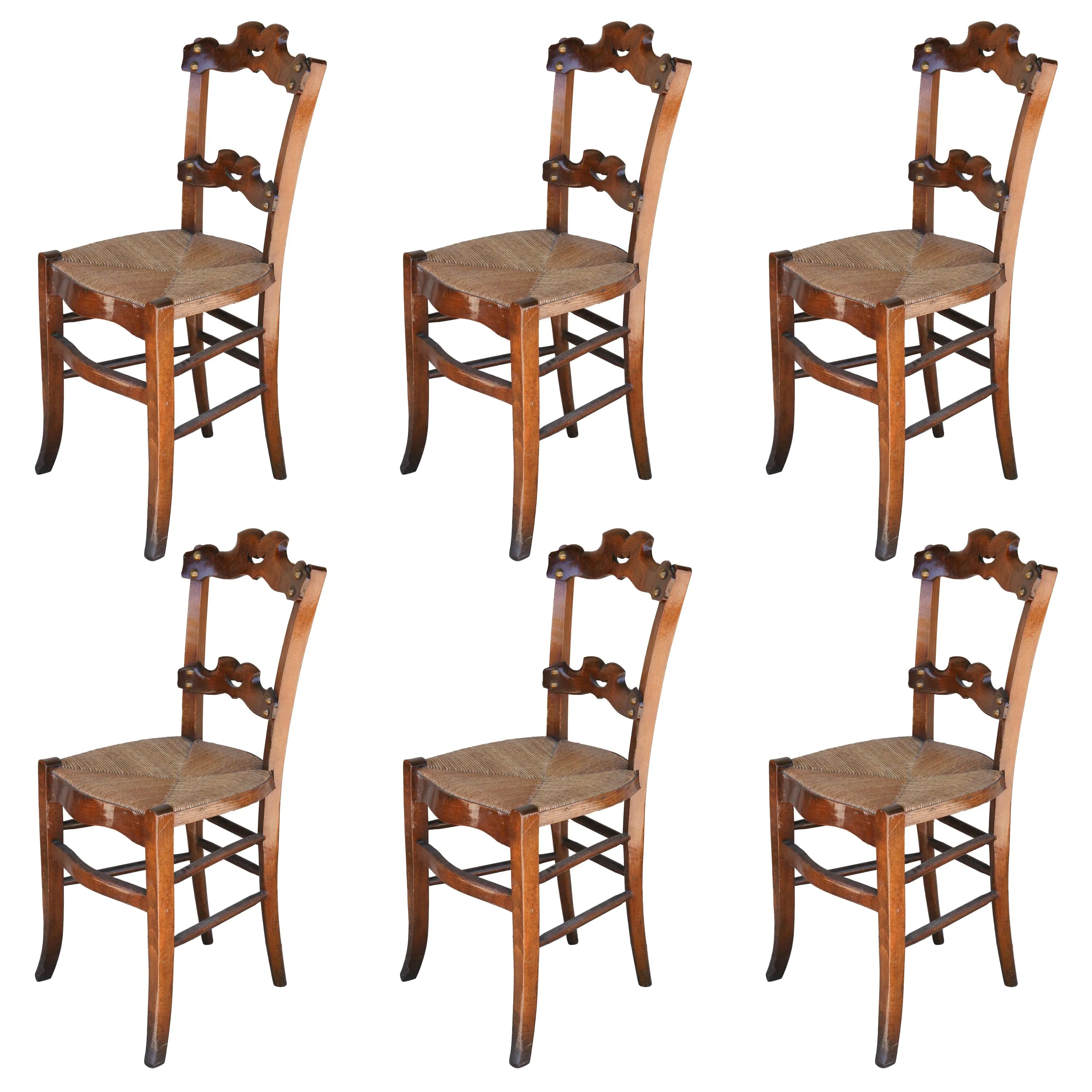 Set of Six 19th c French Oak Ornate Dining Chairs with Rush Seats