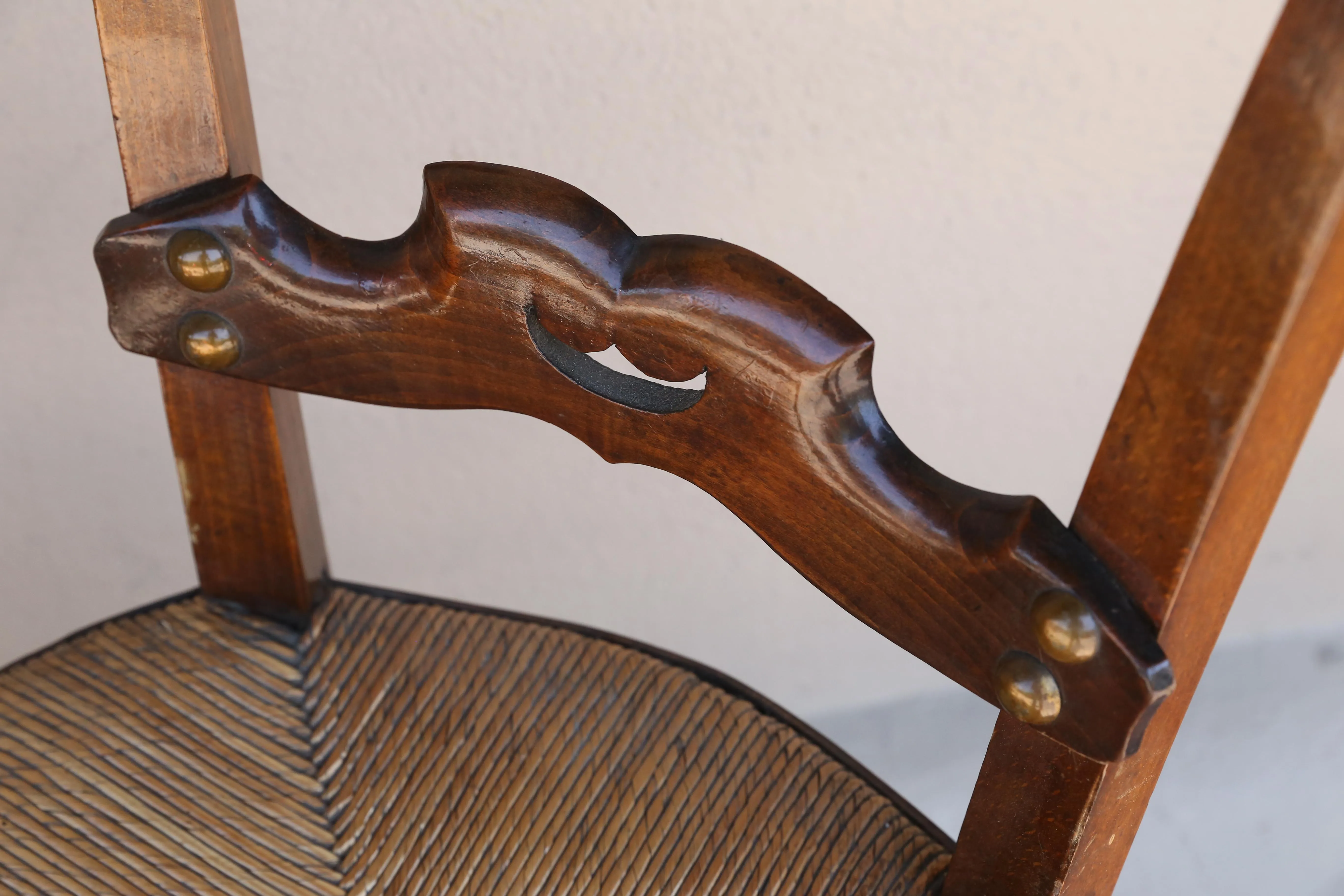 Set of Six 19th c French Oak Ornate Dining Chairs with Rush Seats