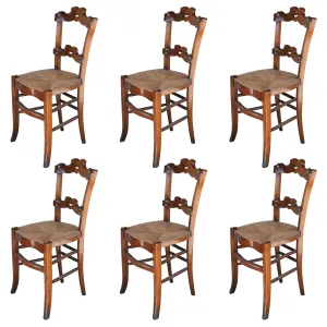 Set of Six 19th c French Oak Ornate Dining Chairs with Rush Seats