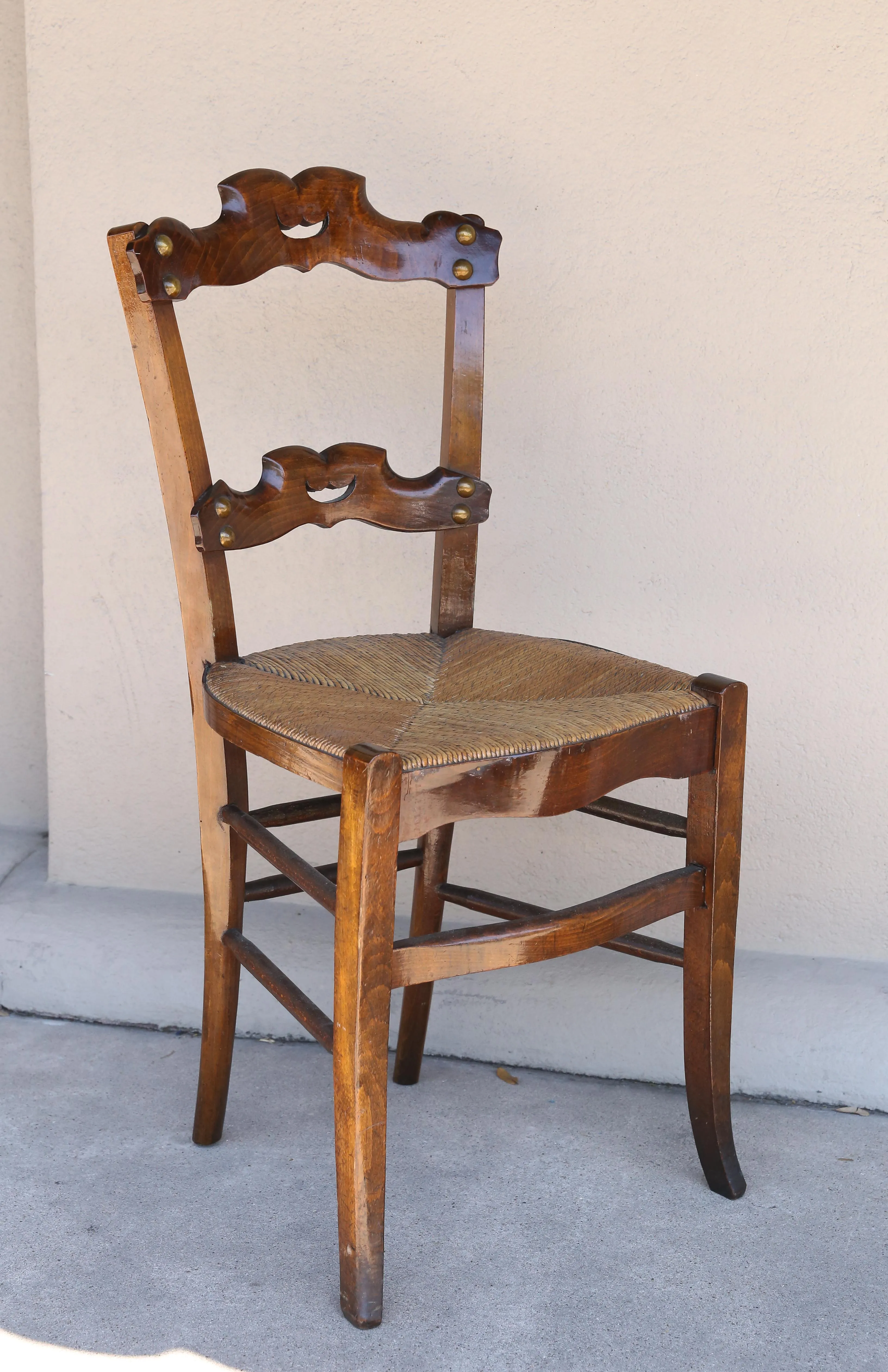 Set of Six 19th c French Oak Ornate Dining Chairs with Rush Seats