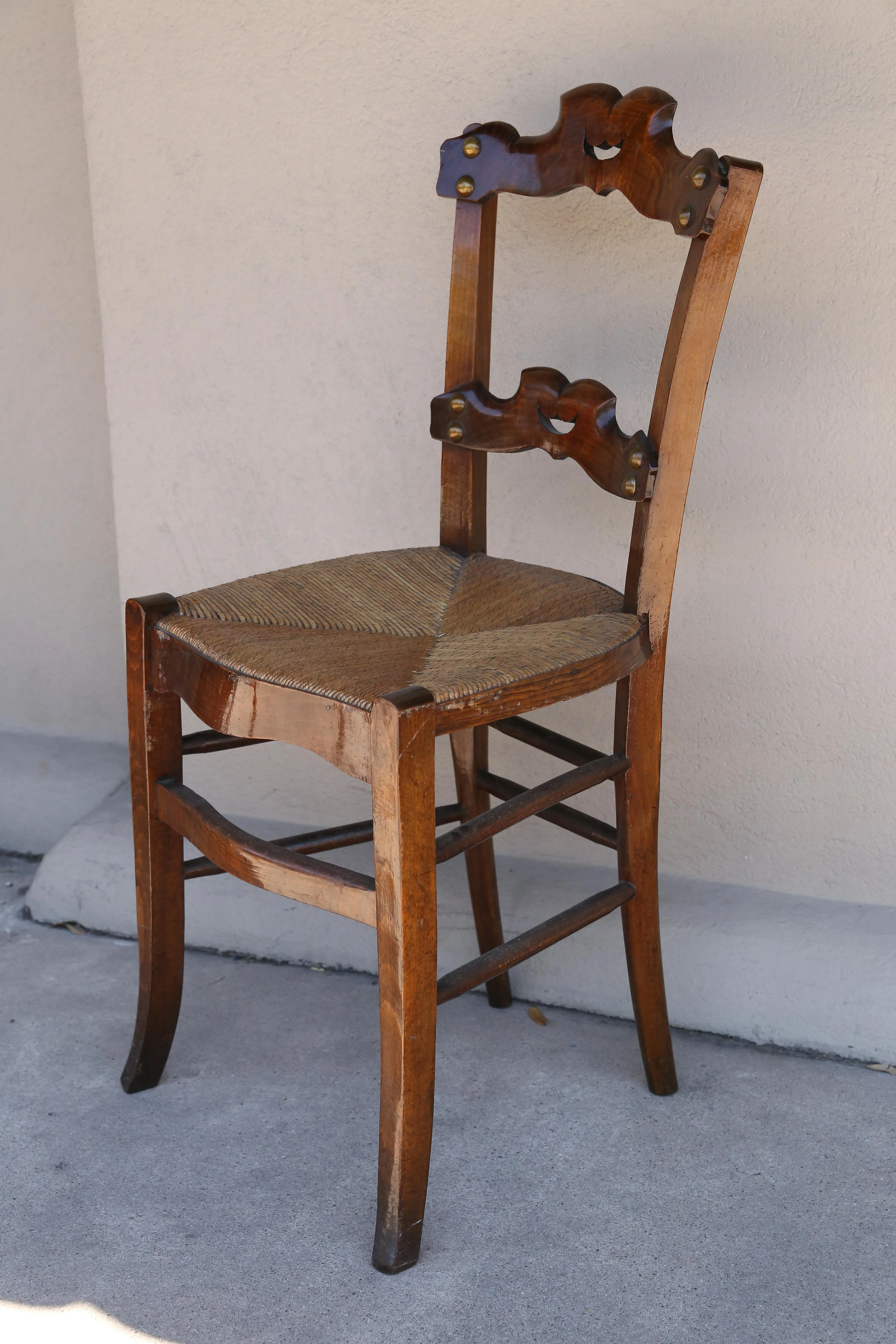 Set of Six 19th c French Oak Ornate Dining Chairs with Rush Seats
