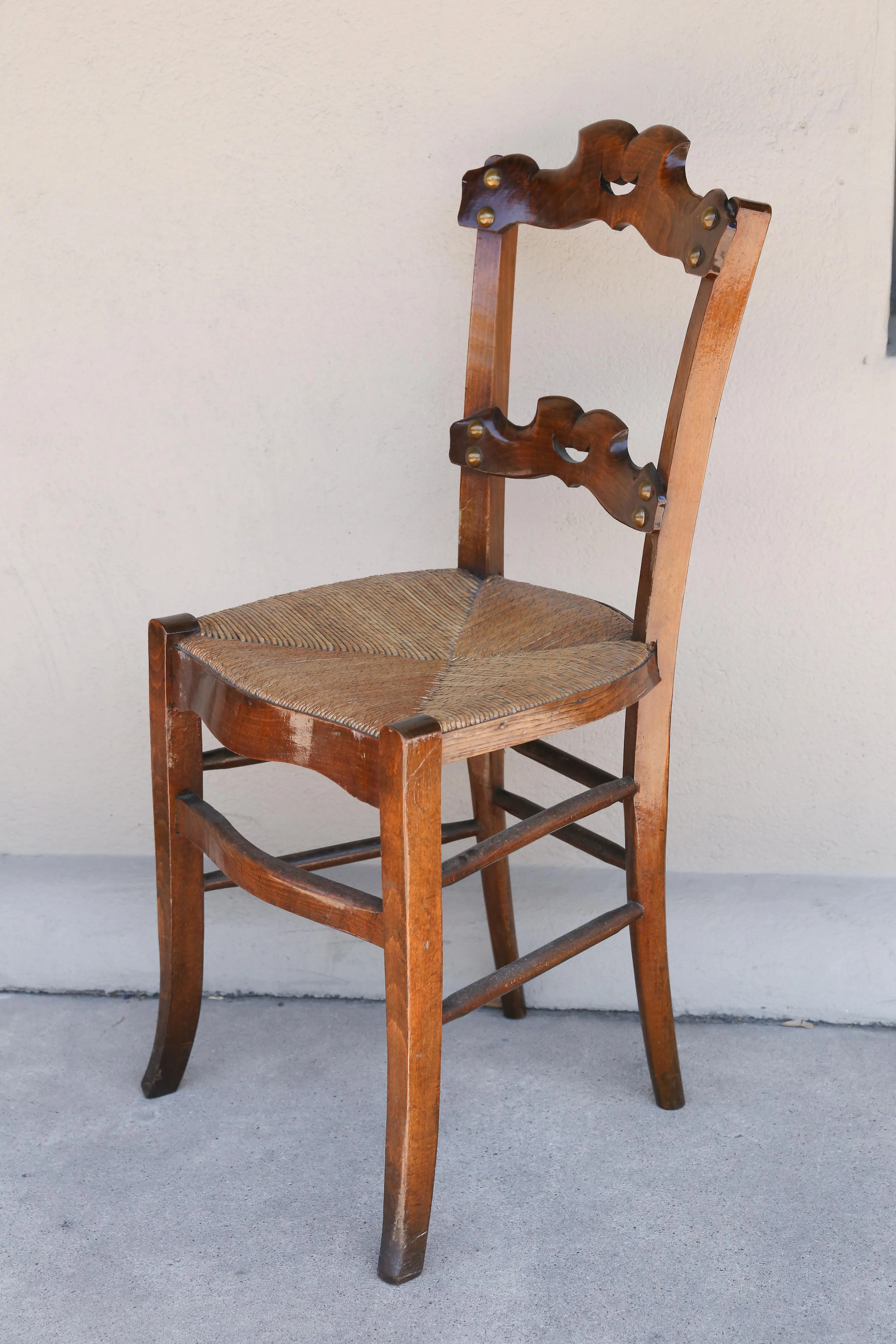 Set of Six 19th c French Oak Ornate Dining Chairs with Rush Seats