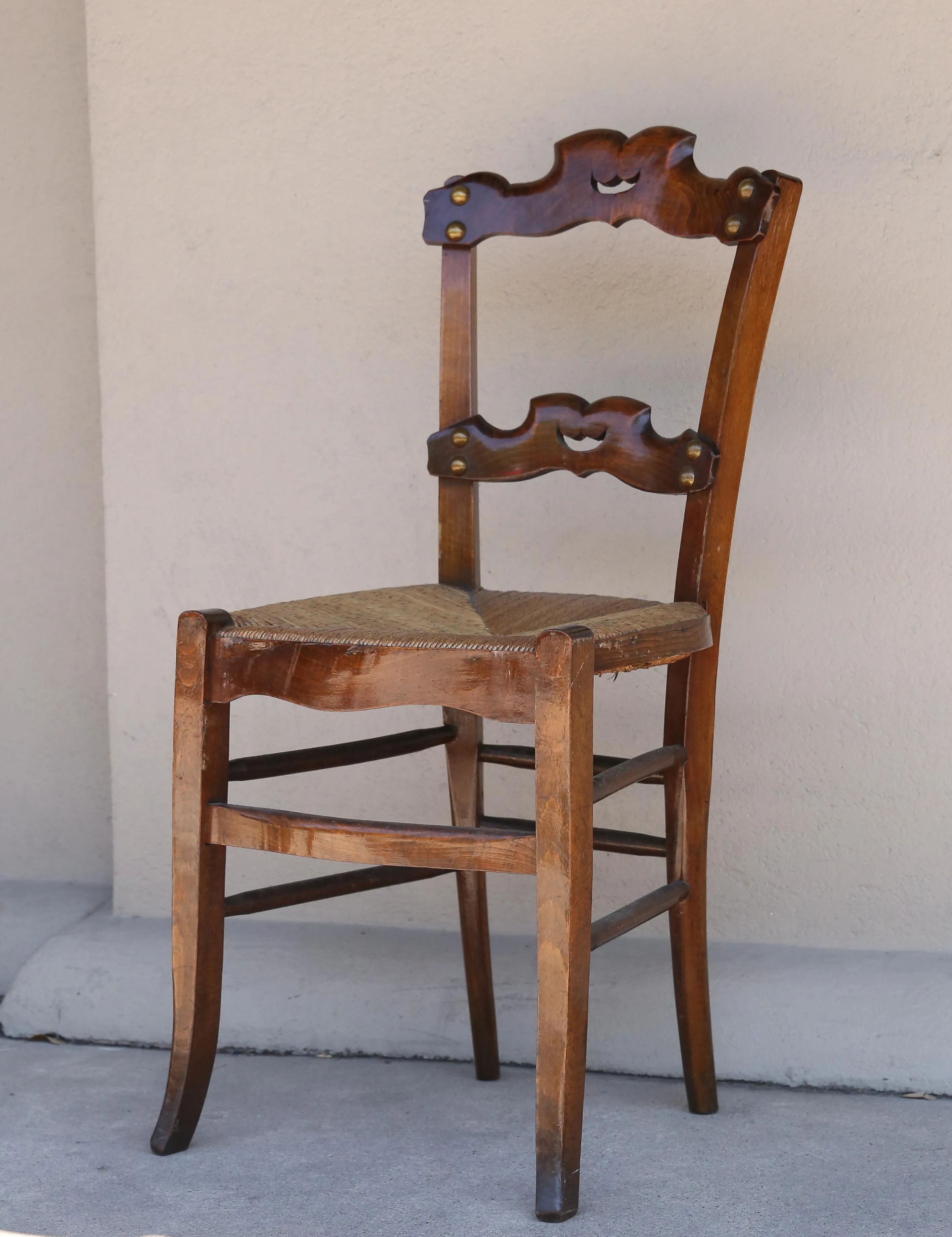 Set of Six 19th c French Oak Ornate Dining Chairs with Rush Seats
