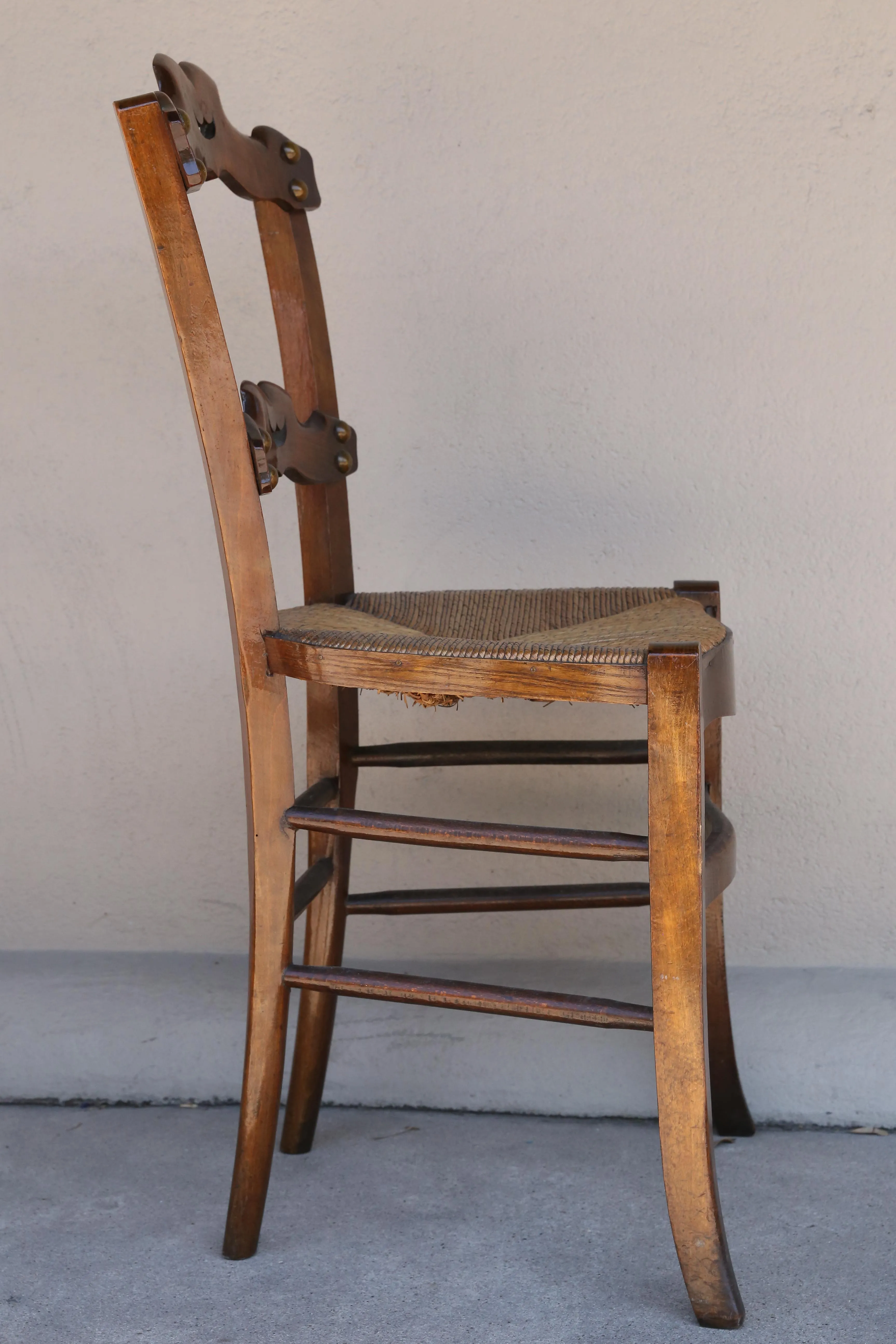 Set of Six 19th c French Oak Ornate Dining Chairs with Rush Seats