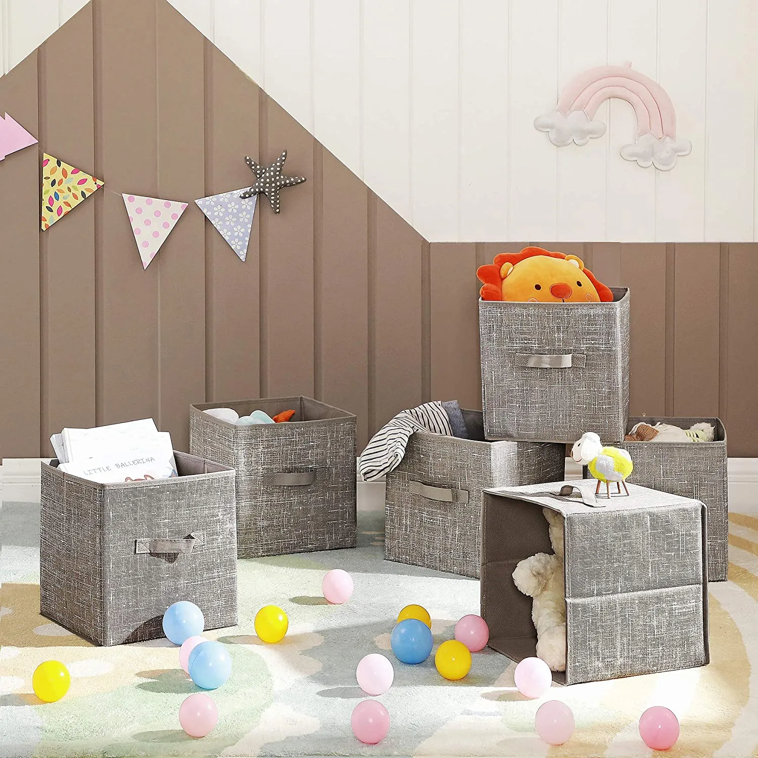 Storage Boxes, Set of 6, Non-Woven Fabric Foldable Storage Cubes, Toy Clothes Organizer Bins, Taupe