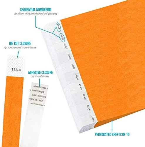 WristCo 3/4" Tyvek Wristbands | Lightweight |Durable | Waterproof | Great for Events and Screening | Neon Orange | 500 Paper Wristbands
