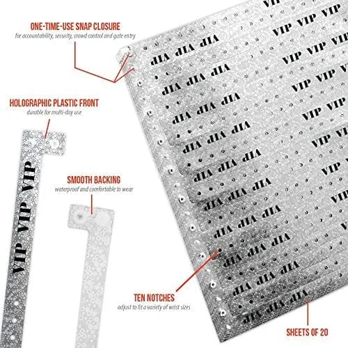 WristCo Holographic Silver VIP Plastic Wristbands - 100 Pack Wristbands for Events