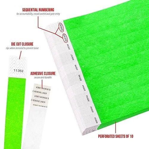 WristCo Neon Green 3/4" Tyvek Wristbands - 1000 Pack Paper Wristbands for Events